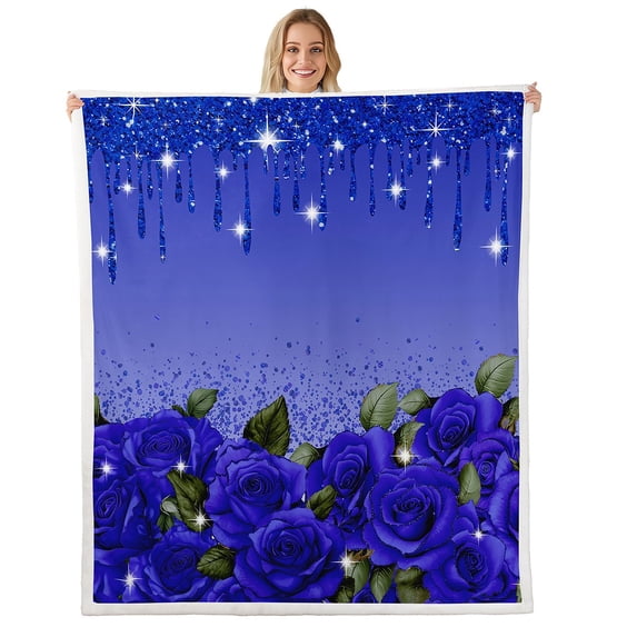 Blue Rose Blanket Diamond Crystal Fluid Art Fleece Blanket,Abstract Ombre Throw Blanket 40"x50",Romantic Garden Flowers Bed Blanket Boho Floral Bohemian Decor