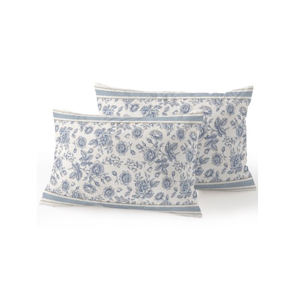 Blue Rose Blooms Outdoor Throw Pillows with Inserts Set of 2, 12"x20" Rustic Floral Intricate Leaf Vines Linen Texture Waterproof Patio Pillows for Chair Back Support, Sofa & Bench