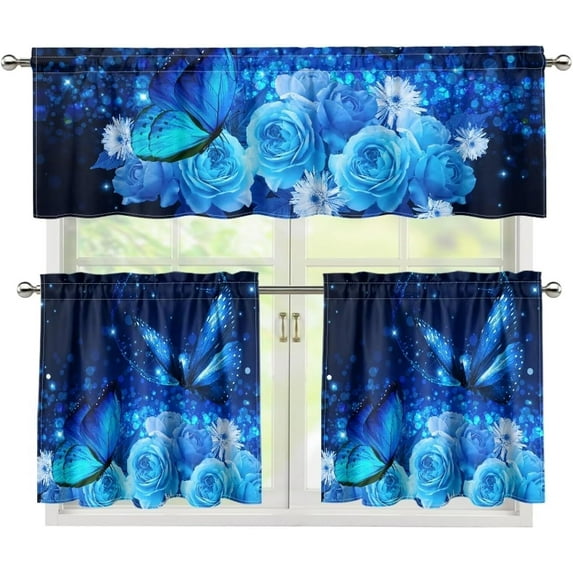 Blue Rose Butterfly Kitchen Window Curtains Valance and Tier Set 36 Inch 3 Piece Window Treatment Tiers for Living Room Bedroom Kitchen Decor Drapes