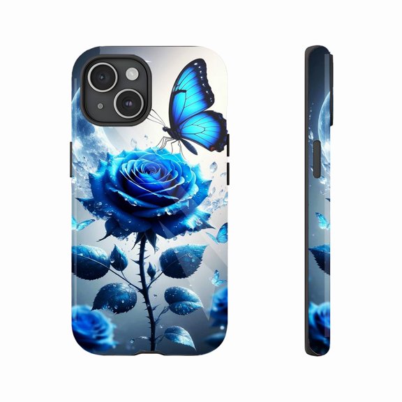 Blue Rose Butterfly Moon Elegant Women Durable Protective Case Sparkling Sweatproof for iPhone 11/12/13/14/15/16 (Pro Max/Plus)