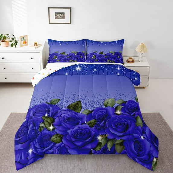 Blue Rose Comforter Set Diamond Crystal Fluid Art Bed Set,Abstract Ombre Bedding Sets Full,Romantic Garden Flowers Duvet Set Boho Floral Bohemian Decor