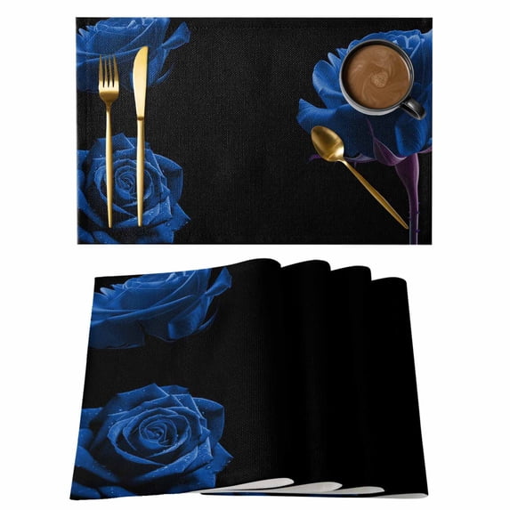 Blue Rose Cotton Linen Placemats Set of 4, Vintage Flower Garden ...