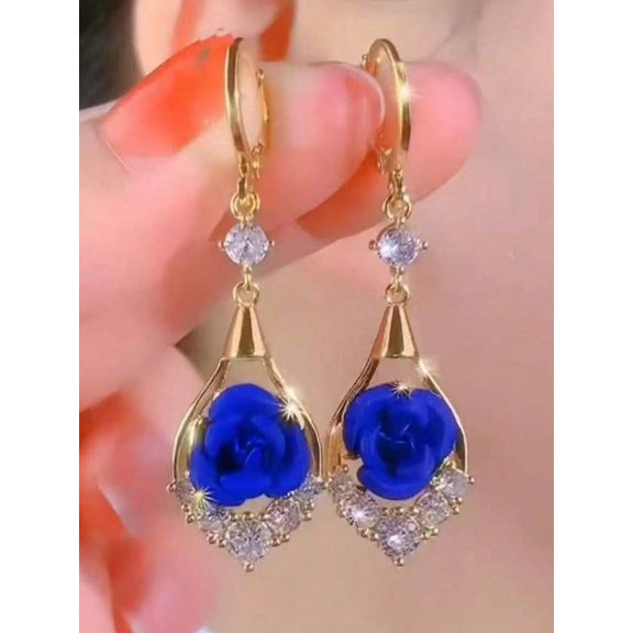 Blue Rose Dangle Earrings With Rhinestones Goldtone Metal