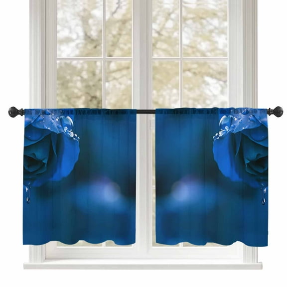Blue Rose with Drops Sheer Curtains 45 inches Long, Abstract Art Nature Fantasy Light Filtering Sheer Window Curtains Rod Pocket Voile Drapes for Bedroom Living Room, 52"W x 45"L 2 Panels