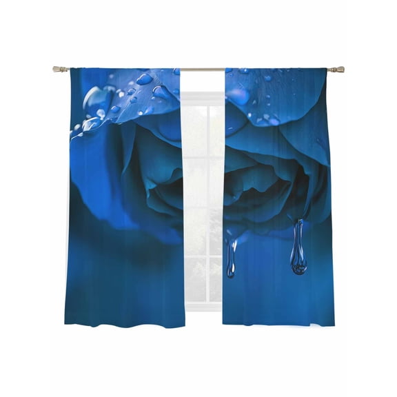 Blue Rose with Drops Sheer Curtains for Living Room Bedroom, Light-filtering Sheer Curtain, Abstract Art Rod Pocket Voile Window Treatment Drapes, 52’’Wx72’’L, 2 Panels Set