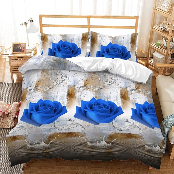 Blue Rose Duvet Cover Set, 3D Rose Water Droplet Duvet Cover Set,Blue Rose Retro Bedding Modern Floral Comforter Cover Set,3 Pieces Rose Flower Printed Quilt Cover and 2 Pillowcases