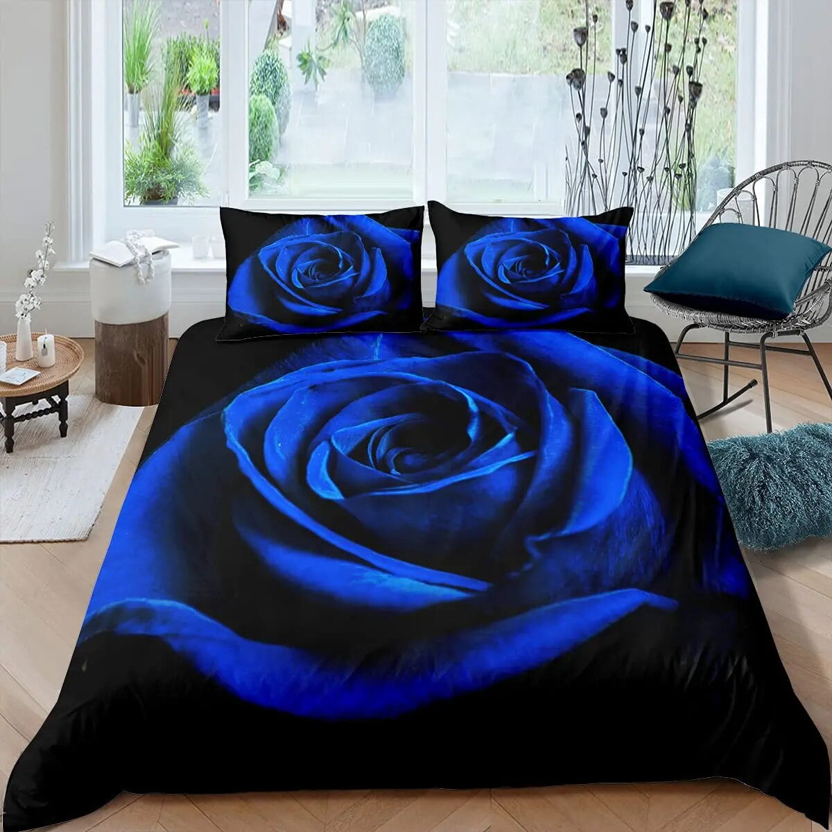 Blue Rose Duvet Cover Set King Size 3D Printed Blossom Flowers Bedding