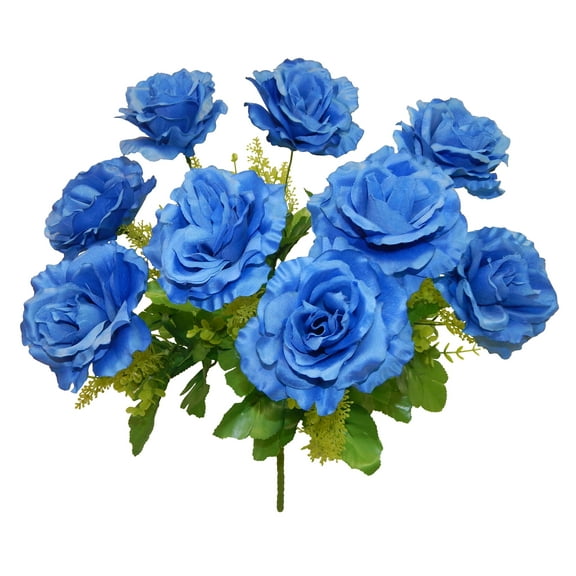 Blue Rose with Eucalyptus 19in Artificial Polysilk Faux Greenery Fake Flower Bush for Craft Home Garden Outdoor Bouquet Arrangement Ceremony Wedding Arch Floral Wall Aisle Decor (Blue, One each)
