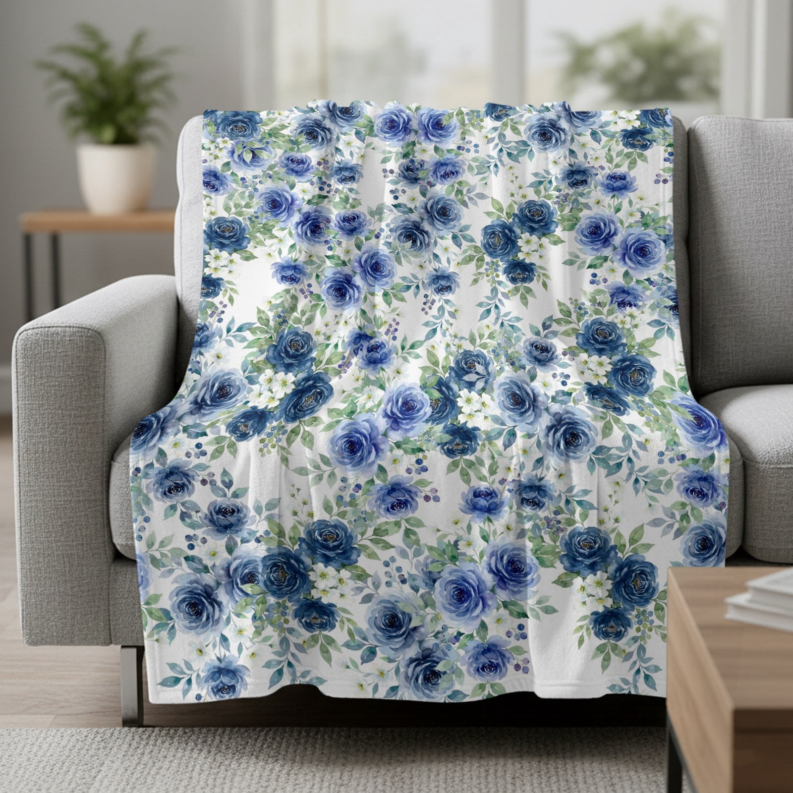 Blue Rose Fleece Throw Blanket Country Blue Flower Floral Green Vine ...