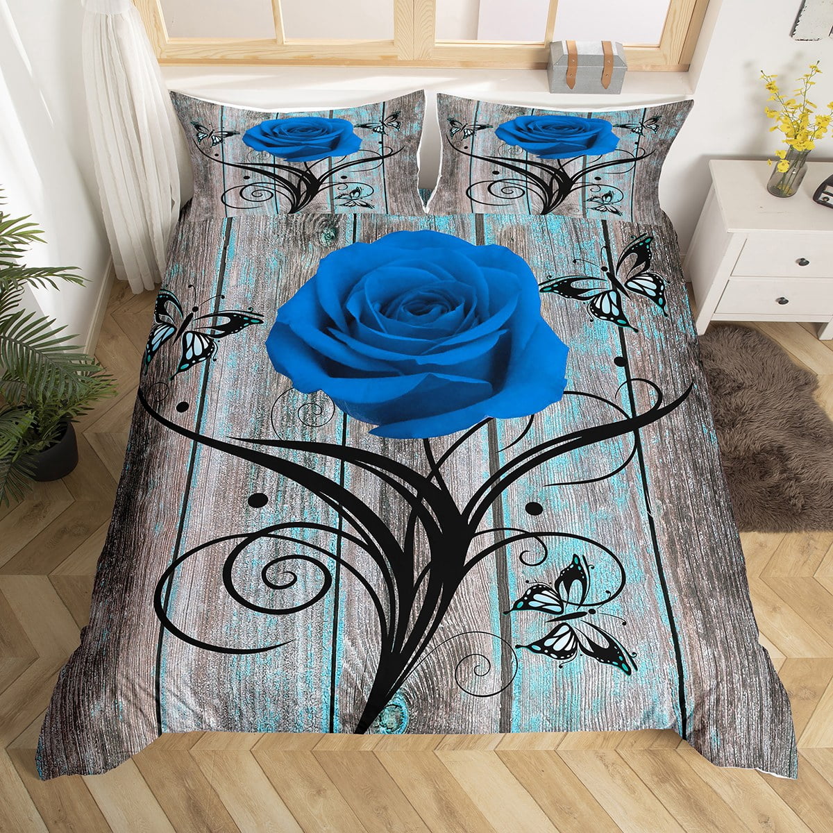 Blue Rose Floral Bedding Set King Teal Butterfly Barn Door Duvet Cover ...