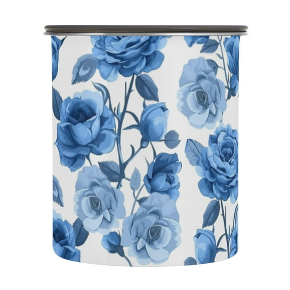 Blue Rose Floral Flower Airtight Coffee Bean Canister 30oz Food Storage Containers with Lids For Gournd, Tea, Sugar, Flour, Rice, Cereal, Candy Cookie Jar