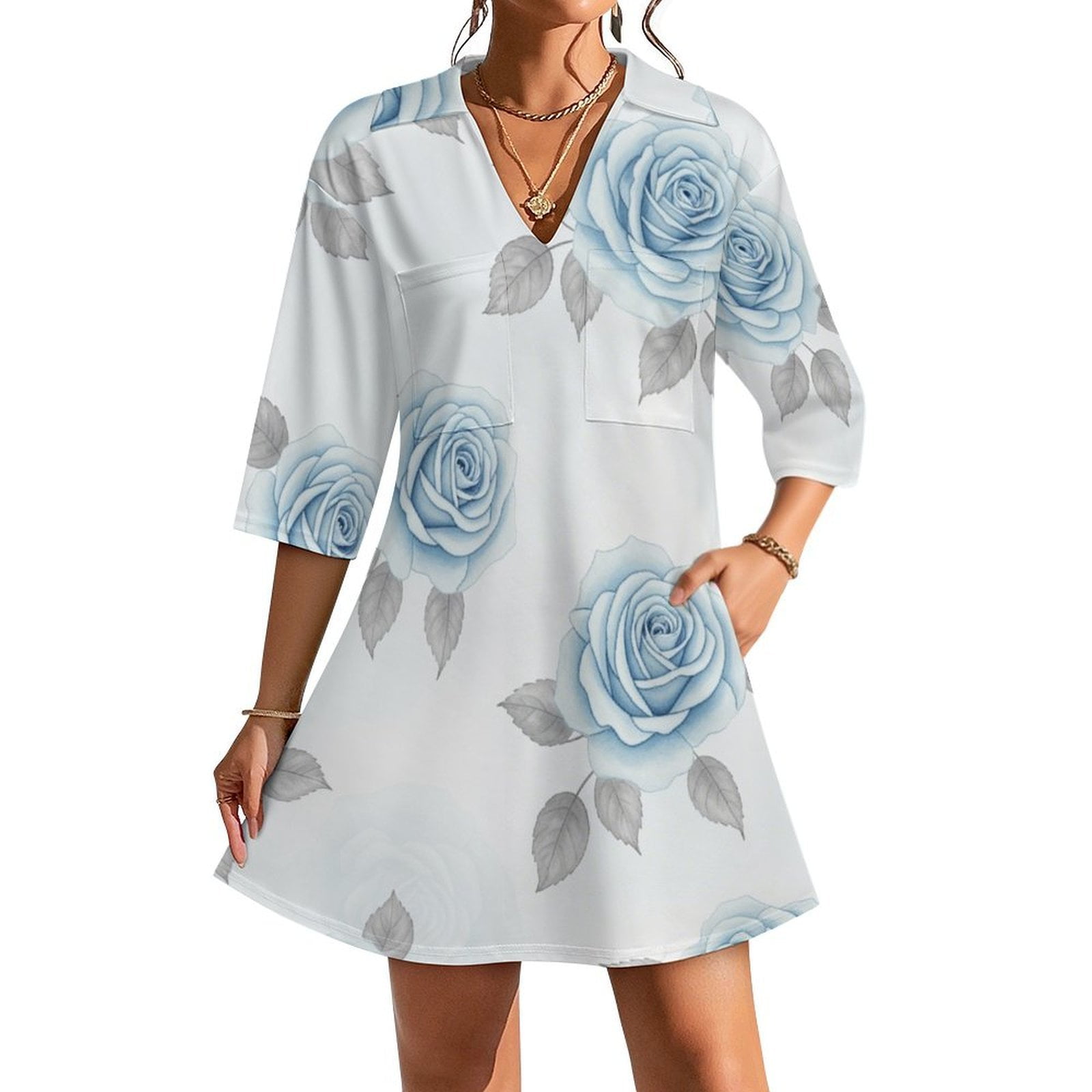 Rose Floral Two Piece Dresses with Pocket Floral Plus Size