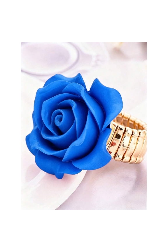 Blue Rose Floral Statement Ring With Goldtone Adjustable Band, Elegant Jewelry For Wedding Or Gift