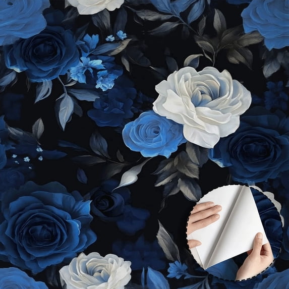 Blue Rose Floral Wallpaper Vintage Modern, Self adhesive and removable, waterproof, Wall Decoration for Living Room, Bedroom, Bathroom, Kitchen Cabinet, Drawer, 17.7 * 118 in Home Decor Art