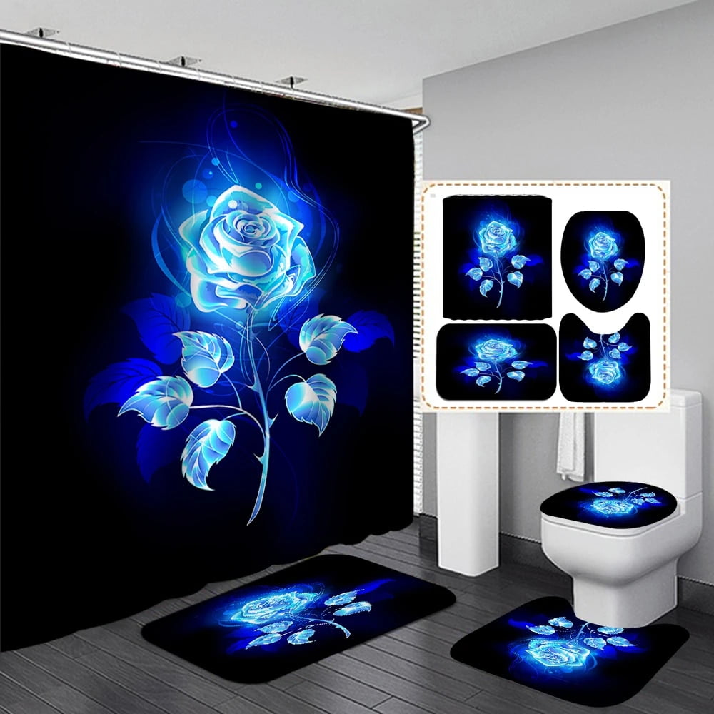 Blue Rose Flower Black Bathroom Set Luxury Shower Curtain with Bath Mat