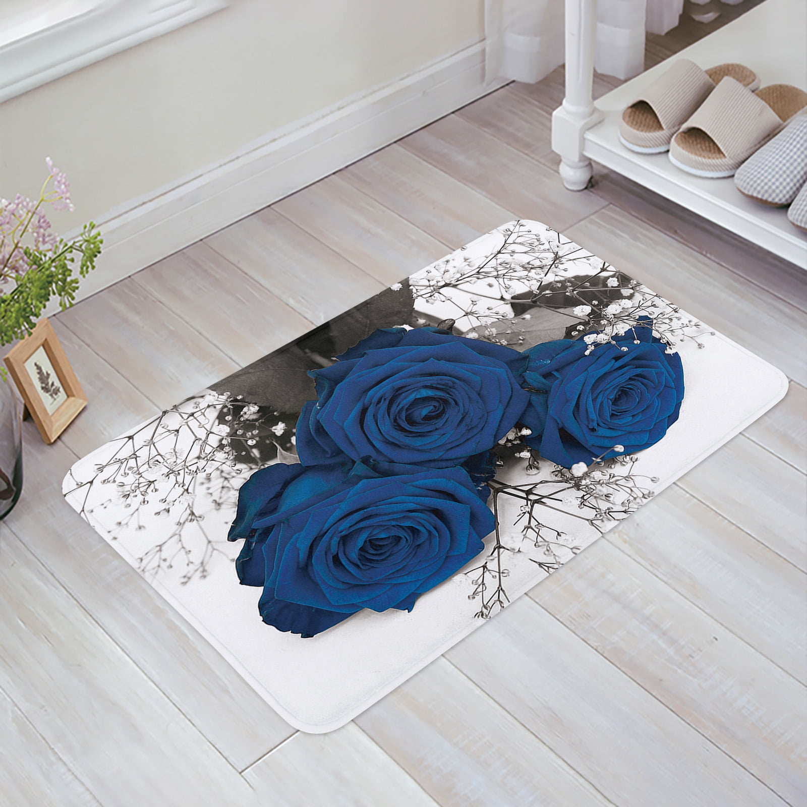 Blue Rose Floral Print Door Mat