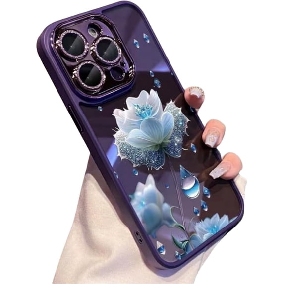 Blue Rose Flower Painted Phone Case, Semi-Clear Phone Case with Glitter Glass Lens Film, Anti-Drop, Small Fresh Design for iPhone 15 14 13 12 11 Pro Max Plus Phone Case (Dark Purple,iPhone 12)