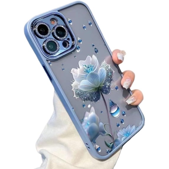 Blue Rose Flower Painted Phone Case, Semi-Clear Phone Case with Glitter Glass Lens Film, Anti-Drop, Small Fresh Design for iPhone 15 14 13 12 11 Pro Max Plus Phone Case (Blue,iphone 12 Pro Max)