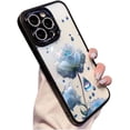 thumbnail image 1 of Blue Rose Flower Painted Phone Case, Semi-Clear Phone Case with Glitter Glass Lens Film, Anti-Drop, Small Fresh Design for iPhone 15 14 13 12 11 Pro Max Plus Phone Case (Black,iPhone 14 Pro), 1 of 8
