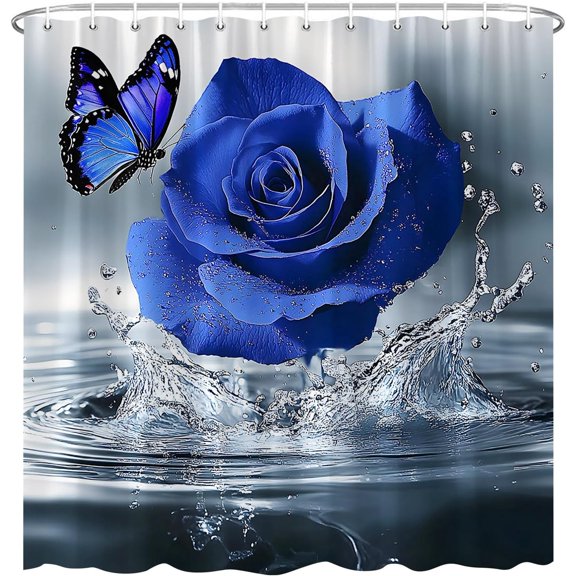 Blue Rose Flower Shower Curtain Spring Floral Blossom Butterfly Reflections in Water Country Gardens Unique Flowers Polyester Fabric Bathroom Decor with Hook-72"W x 72"L (Pack of 1)