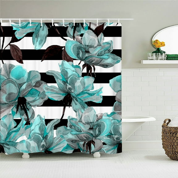 Blue Rose Flowers Fabric Shower Curtains for Bathroom Curtain Set with Rings Wa