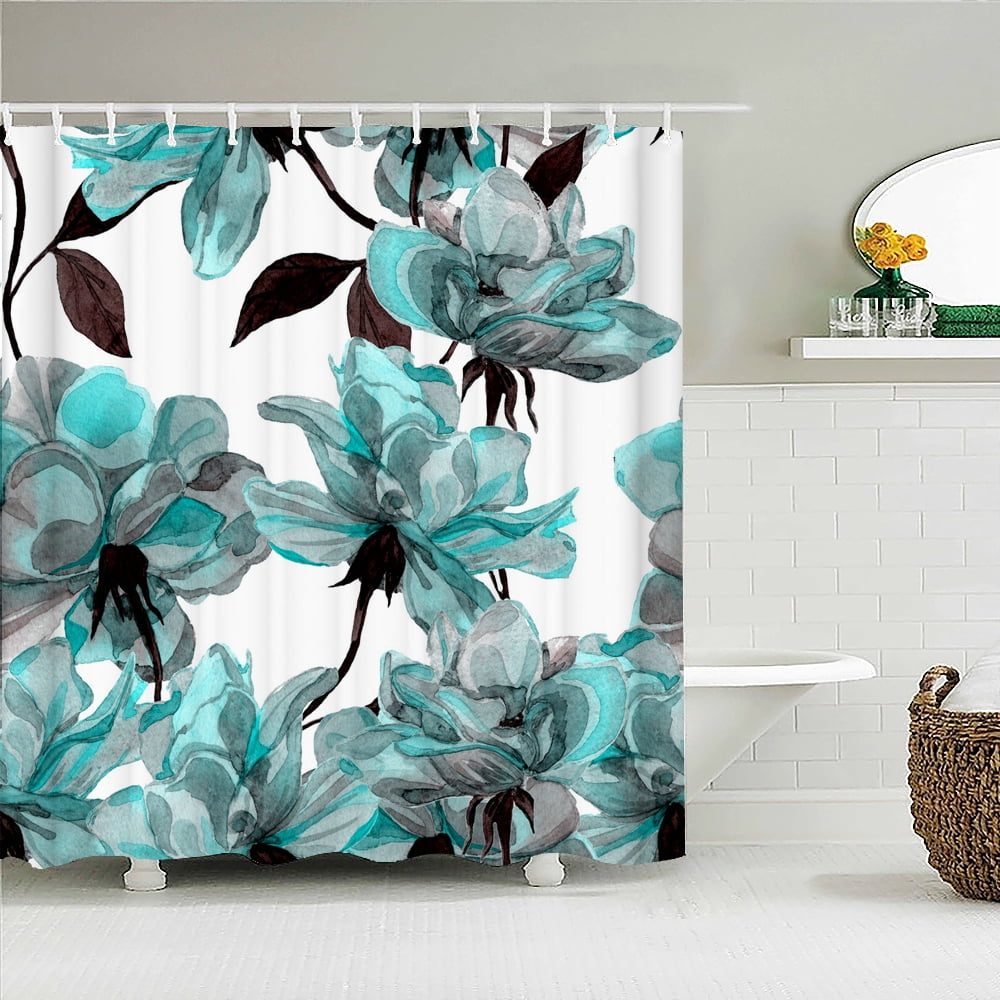 AYULO Blue Rose Shower Curtain Set - Includes Curtain, 3 Rugs & Hooks, Waterproof Polyester