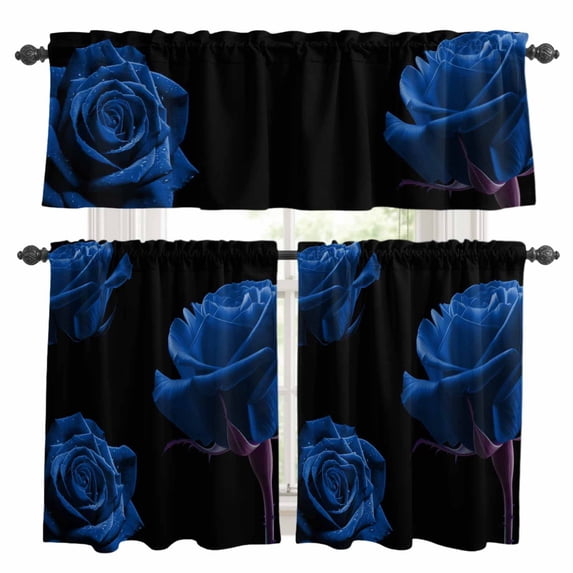 Blue Rose Kitchen Curtains Sets for Windows 24 Inch Length, Vintage Abstract Garden Flower Floral Black Rod Pocket Window Treatments Tier Curtains and Valances Set for Bedroom/Bathroom