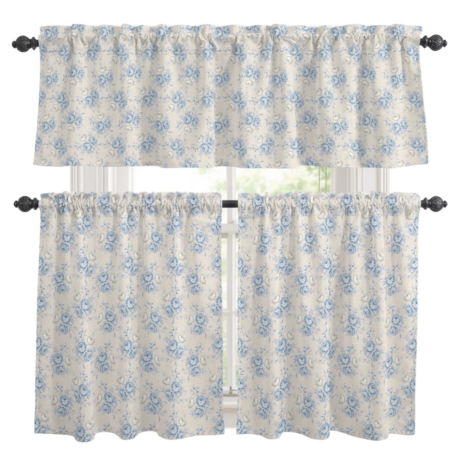 Blue Rose Kitchen Curtains Valances 3 Piece Set, Country Pastoral ...