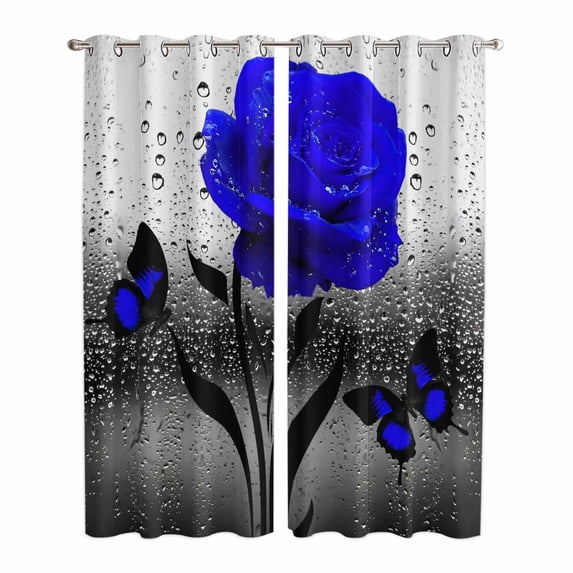 Blue Rose Kitchen Curtains Window Panels, Flower Raindrops Butterfly Grey Art Insulated Window Treatment Curtain, Grommet Curtains for Bedroom/Living Room/Bathroom, 2 Piece 42"Wx84"L
