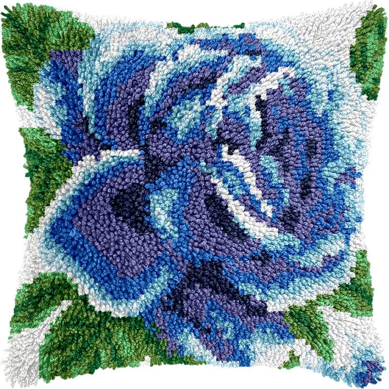 Blue Rose Latch Hook Pillow Kits Pillow Cover with Pattern Printed Canvas Crochet Cross Hooking Pillowcase Cushion Crafts Embroidery Latch Hooking Crochet Kits 17x17 inch(12)