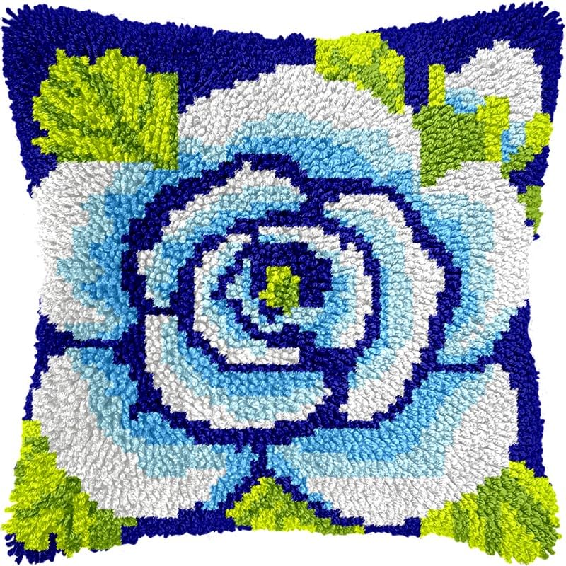 Blue Rose Latch Hook Pillow Kits Pillow Cover with Pattern Printed Canvas Sofa Hooking Pillowcase Cushion Crafts Embroidery Latch Hooking Crochet Starter Kits 17x17 inch(1)