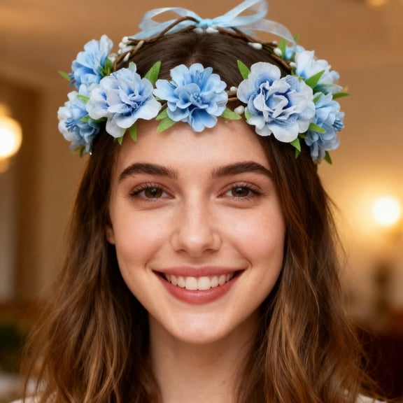 Blue Rose & Leaf Floral Crown, Adjustable Festival Hair Accessory, Bohemian Wreath for Girls Floral Tiara, for Easter, Holiday Parties, Weddings, Photography, and Vacations Decor