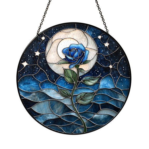Blue Rose Moonlit Night Stained Glass Suncatcher, Round Floral Window Hanging, Celestial Garden Decor, Elegant Home Accent Gift For Her