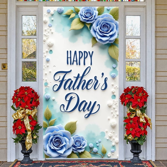 Blue Rose Motif Happy Father's Day Banner Watercolor Blue Father's Day Backdrop 3D Floral Decor Cursive Art Font Dad Celebration Banner for Father's Day Celebration Family Gathering Home Decoration