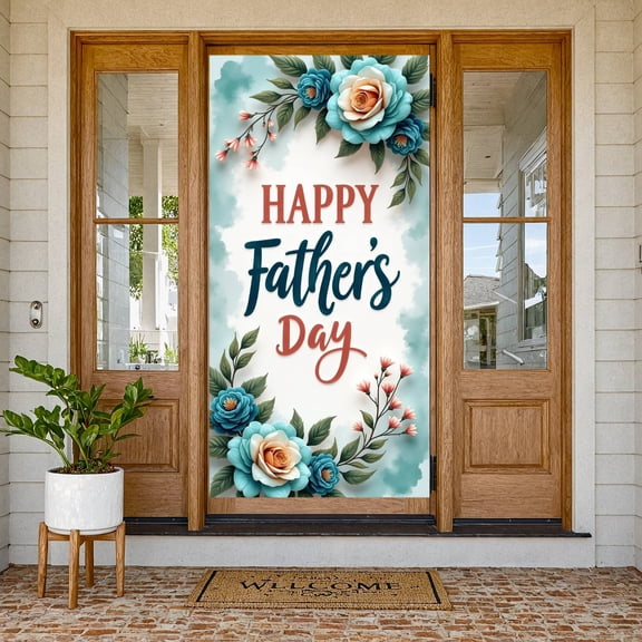 Blue Rose Motif Happy Father's Day Banner Watercolor Blue Father's Day Backdrop 3D Floral Decor Cursive Art Font Dad Celebration Banner for Father's Day Celebration Family Gathering Home Decoration