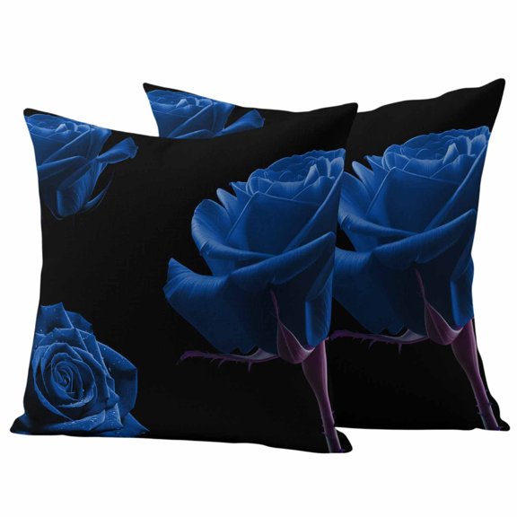 Blue Rose Outdoor Pillow Covers 16"x16" Set of 2,Waterproof Throw Pillow Covers for Patio Furniture,Vintage Abstract Garden Flower Floral Black Decorative Cushion Pillowcases for Garden Couch Sofa