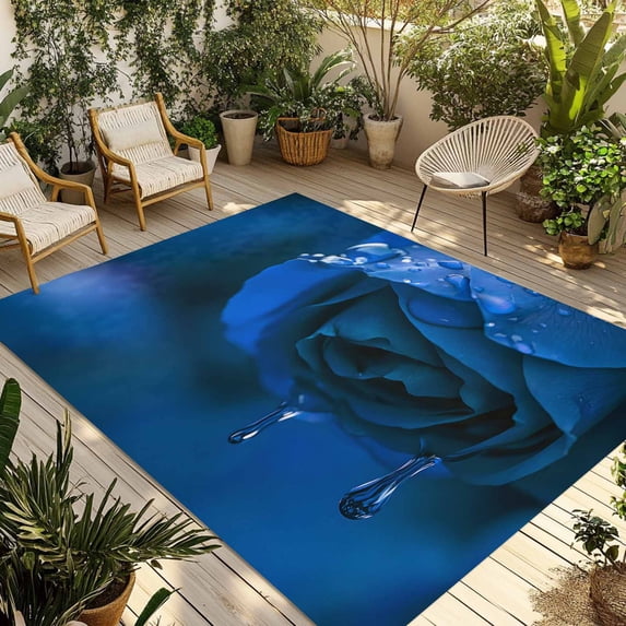 Blue Rose Outdoor Rug 5x8 Ft - Reversible Patio Rug Outdoor Camping Rugs, Elegance Fantasy Flowers Romantic Washable Indoor Outdoor Area Rugs, Non-Slip Outdoor Carpet Runner for Deck/Porch
