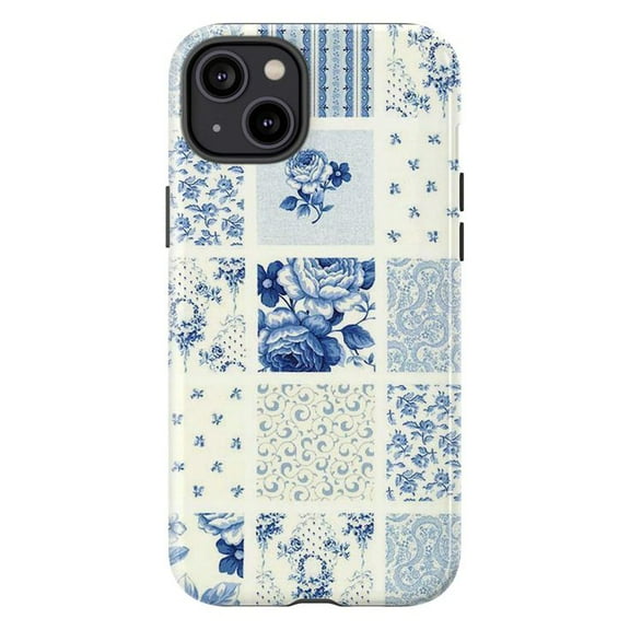 Blue Rose Patchwork Phone Case, Vintage Floral & Paisley iPhone Cover for iPhone 16 15 14 13 12 11 Pro Max Mini