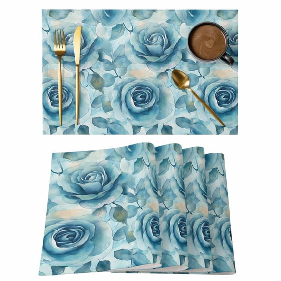 Blue Rose Placemats Set of 6, Spring Romantic Flower Floral Leaf Plant Watercolor Non-Slip Place Mats Washable Table Mats for Kitchen Dining Table Decorations Indoor/Outdoor