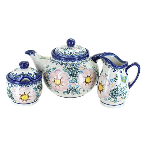 Blue Rose Polish Pottery Apple Blossom 3 Piece Tea Set