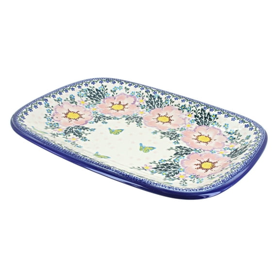 Blue Rose Polish Pottery Apple Blossom Large Rectangular Serving Platter