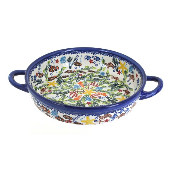 Blue Rose Polish Pottery Atlantis Small Round Baker with Handles