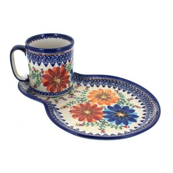 Blue Rose Polish Pottery Autumn Burst Breakfast Plate with Mug
