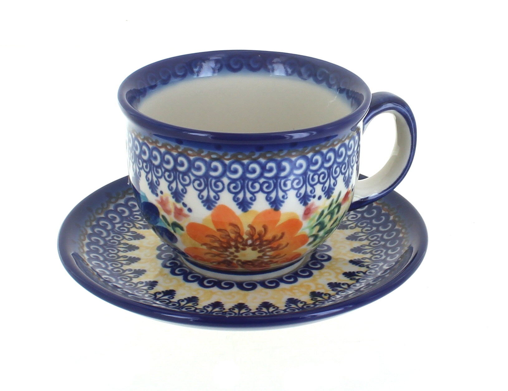 Blue Rose Polish Pottery Espresso Cup & Saucer - Blue Savannah Pattern, 3 Oz, Handmade In Poland