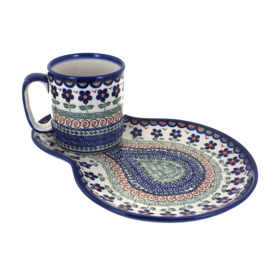 Blue Rose Polish Pottery Aztec Flower Breakfast Plate with Mug