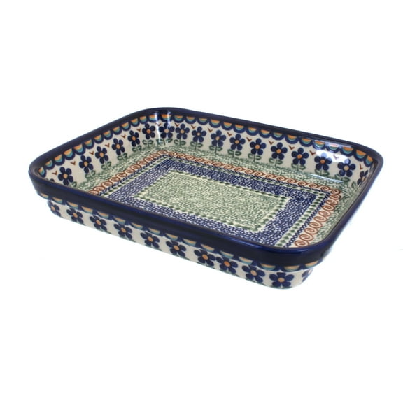 Blue Rose Polish Pottery Aztec Flower Small Rectangular Baker