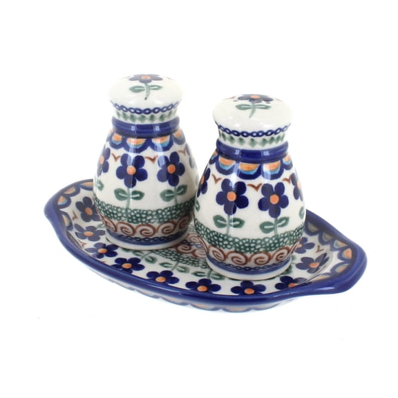 Blue Rose Polish Pottery Aztec Flower Salt & Pepper Shakers with Tray