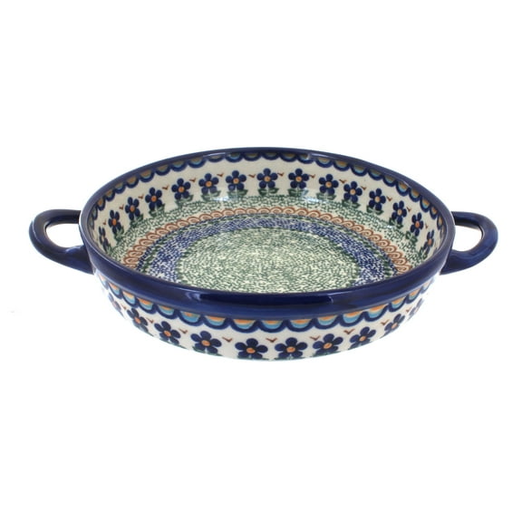 Blue Rose Polish Pottery Aztec Flower Small Round Baker with Handles