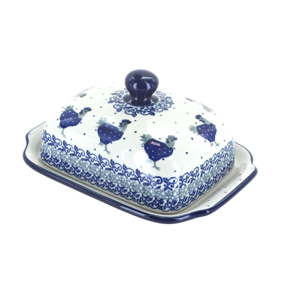 Blue Rose Polish Pottery Barnyard Rooster Butter Dish