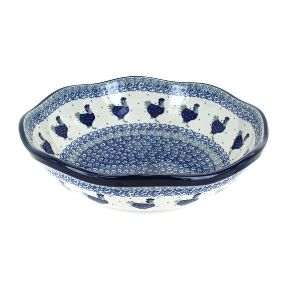 Blue Rose Polish Pottery Barnyard Rooster Large Scallop Bowl